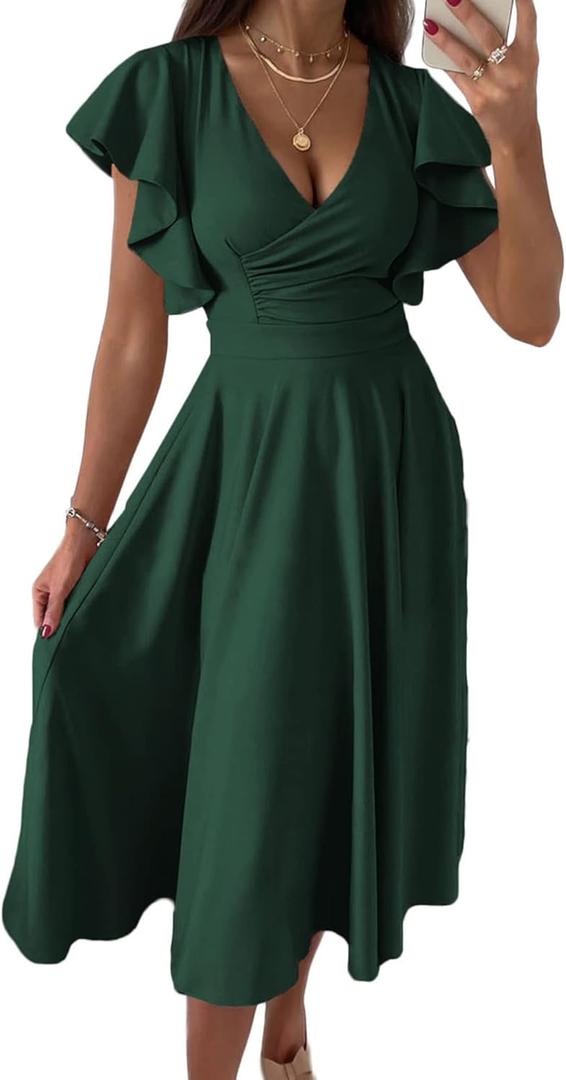 PRETTYGARDEN Summer Midi Dress 2026 Spring Ruffle Sleeve V Neck Cocktail Wedding Guest A Line Fit and Flared Dresses (Green)