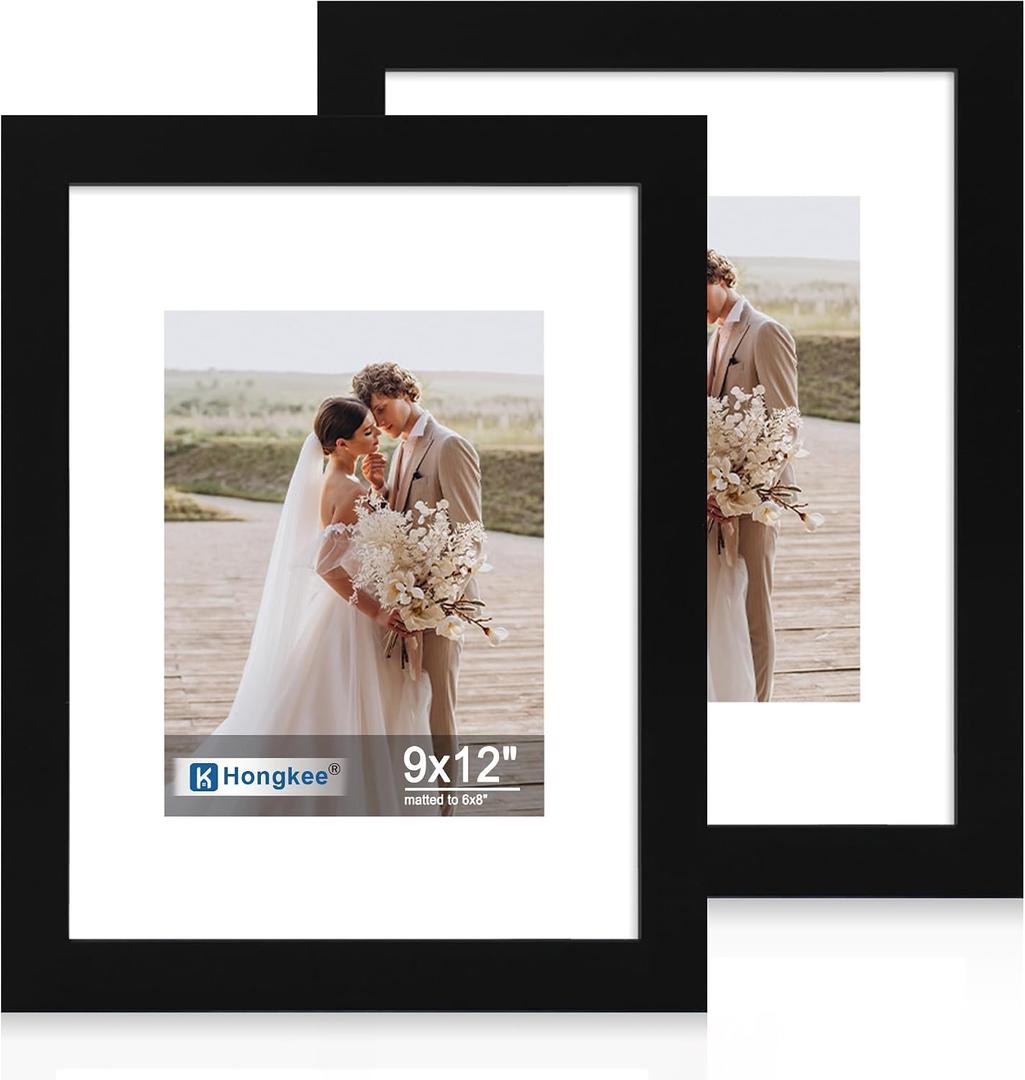 Hongkee 9x12 Picture Frame Set of 2, Made of Real Glass and Black Wooden Frame - Display Pictures 6x8 with Mat or 9x12 Without Mat, 9 by 12 Photo for Wall or Tabletop