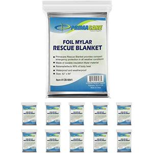 Primacare HB-10 Emergency Mylar Thermal Blankets  10 Pack, 84" x 52", Silver  Reflective, Waterproof, Retains 90% Body Heat  for Survival, First Aid, Outdoors, Camping, EMS