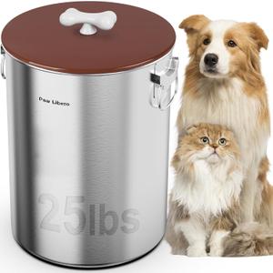 25 Lbs Stainless Steel Dog Food Storage Container with Airtight Lid & Ceramic Bone Handle, Large Metal Dog Food Bin for Dogs & Cats, Keep Fresh, Easy to Clean