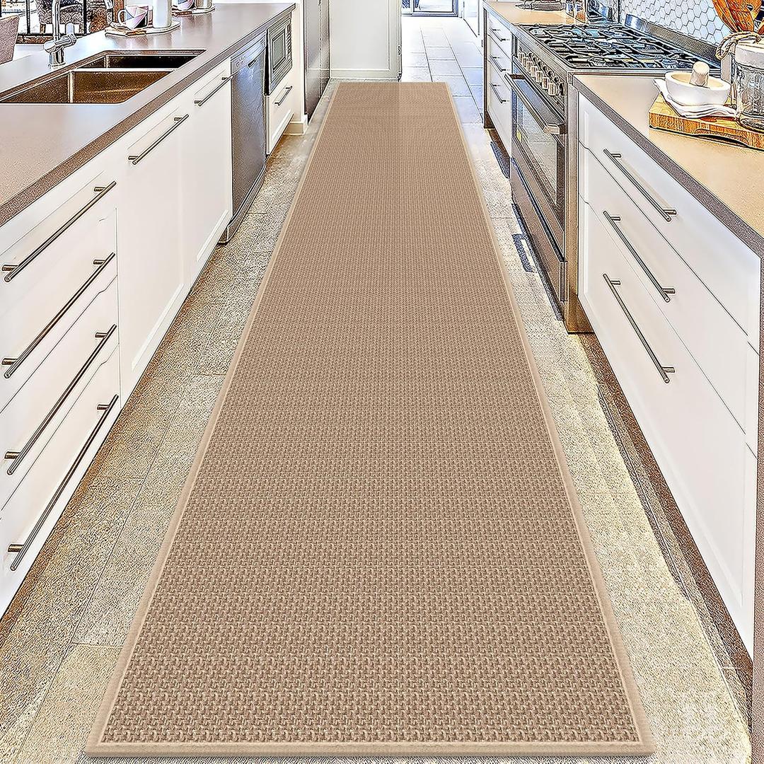 15ft Natural Jute Hallway Runner Rug Non Slip Washable, Rubber Backed Long Khaki Indoor Entryway Runner, Absorbent Kitchen Carpet Sink Rug