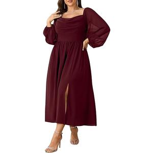 SHESTARR Women's Plus Size Dress Chiffon Long Sleeve Cowl Neck Wedding Guest Cocktail Party Maxi Dress, Burgundy XXL