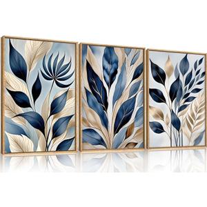 HPNIUB Blue Botanical Leaf Framed Wall Art Set,Modern Natural Blue and Gold Plant Wall Decor,Abstract Boho Minimalist Rustic Floral Leaves Artwork for Living Room, Bedroom,Office-24''x36''x3