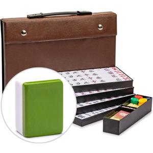 Yellow Mountain Imports Japanese Riichi Mahjong Set - Large White and Green Tiles, Vinyl Case - Includes East Wind Tile, Betting Sticks, and Dice