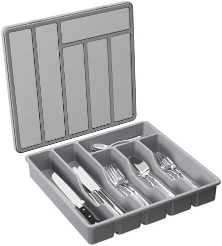 Lifewit Silverware Organizer with Lid, Covered Utensil Tray for Kitchen Drawer and Countertop, Plastic Cutlery and Flatware Storage Box for Spoons Forks Knives Holder Case, 12.6x11.8", Gray