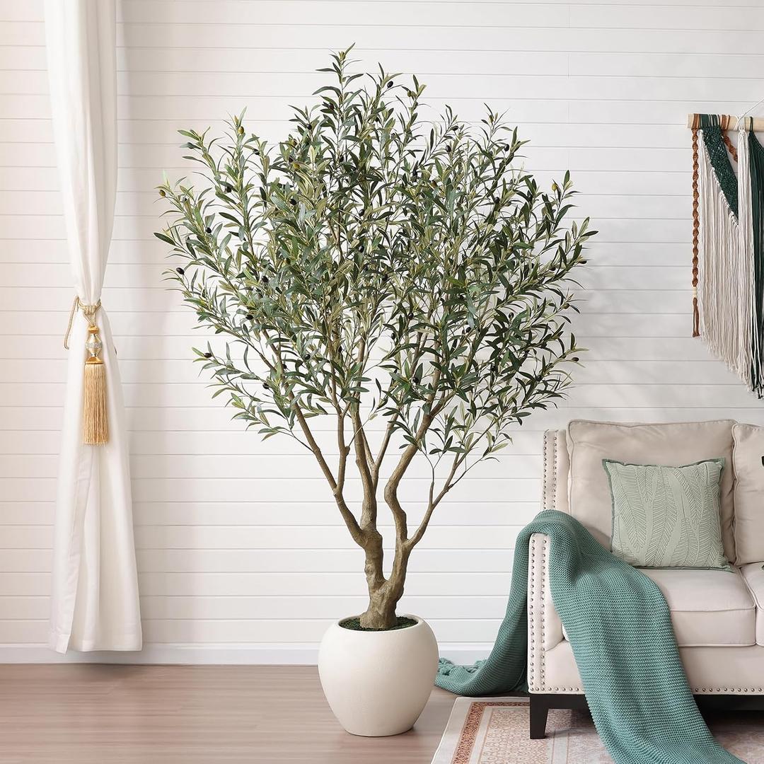 VeriNatural Artificial Olive Tree 7FT Faux Plant Home Decor - Large White Pot with Lifelike Silk Leaves, UV Resistant & No Maintenance - Indoor Outdoor Fake Tree for Modern Office Living Room,VN164