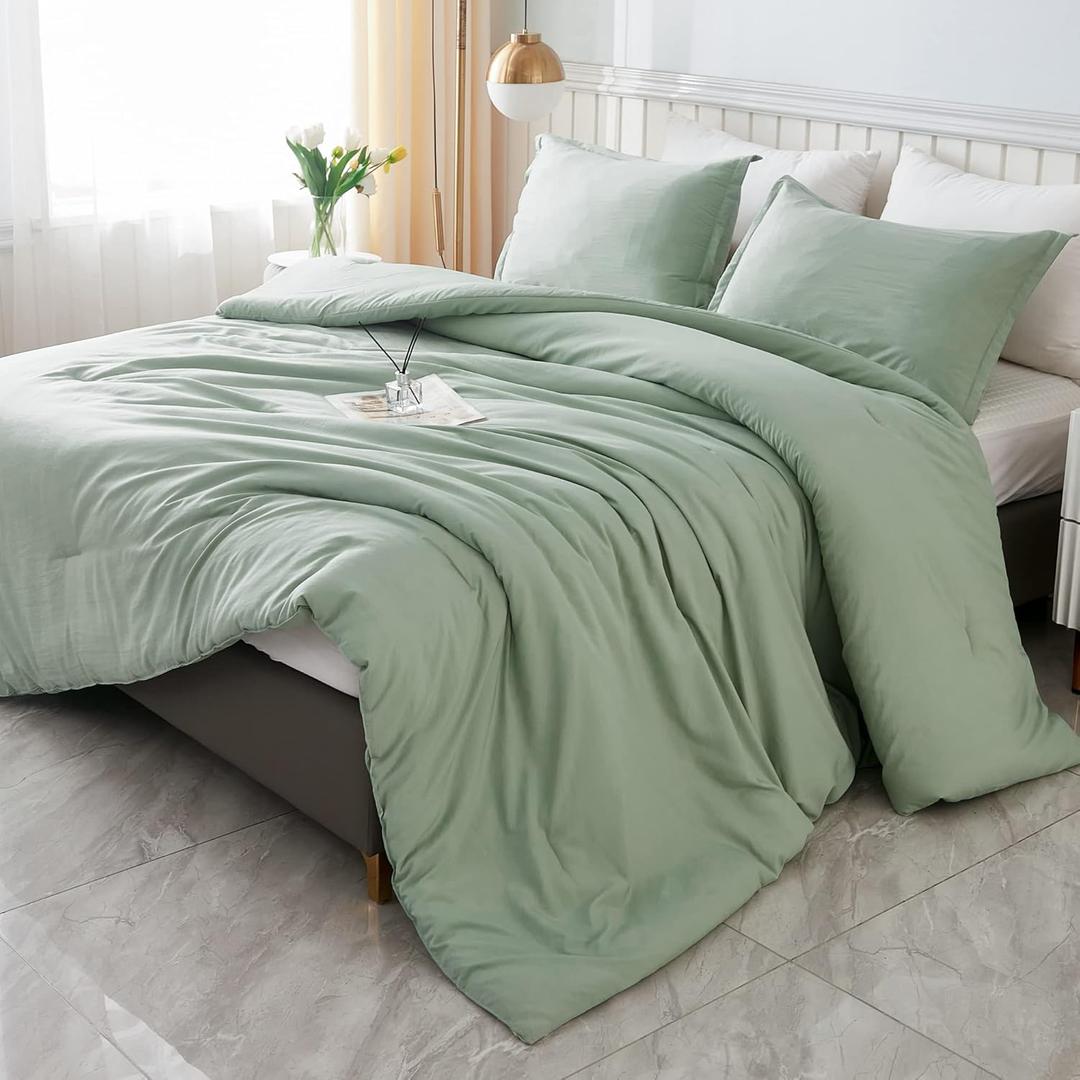 Litanika King Size Comforter Set Sage Green, 3 Pieces Lightweight Solid Comforter King Size, All Season Fluffy Down Alternative Comforter Bed Set Quilt Blanket (King (104"x90"), 01 - Sage Green)