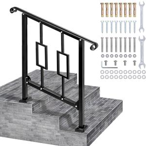 Handrails for Outdoor Steps, Fit 2 or 3 Steps Outdoor Stair Railing, Black Wrought Iron Handrail Handrails for Concrete Steps or Wooden Stairs (2-3 Step Vertical Rect)