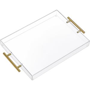 12"x16" Clear Acrylic Serving Tray with Golden Handles, Sturdy Huge Capacity Acrylic Tray for Coffee, Juice, Kitchen and Desk Organizer, Storage Tray (12"x16")