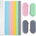Sunseeke Silicone Straws Reusable - Odorless, 12 Standard Drinking Straws, 4 Carry Pouch, 2 Cleaning Brushes, Certificated Food Grade Platinum Silicone - 8 1/2" Long
