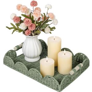 CubesLand Rectangular Scalloped Decorative Centerpiece Tray for Coffee Table, Home Decor, Living Room - Green Tray w/Wooden Handle  Warm and Elegant for Holidays, Housewarmings - Candle Plate Holder (15.7" x 11.4" x 2.8")