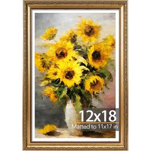 JCJMY 12x18 Vintage Picture Frame with 11x17 Mat, Elegant Retro 12 by 18 Photo Frame with Shatter-Resistant Plexiglass for Wall, Gallery Decor & Gift, Gold, 1 Pack