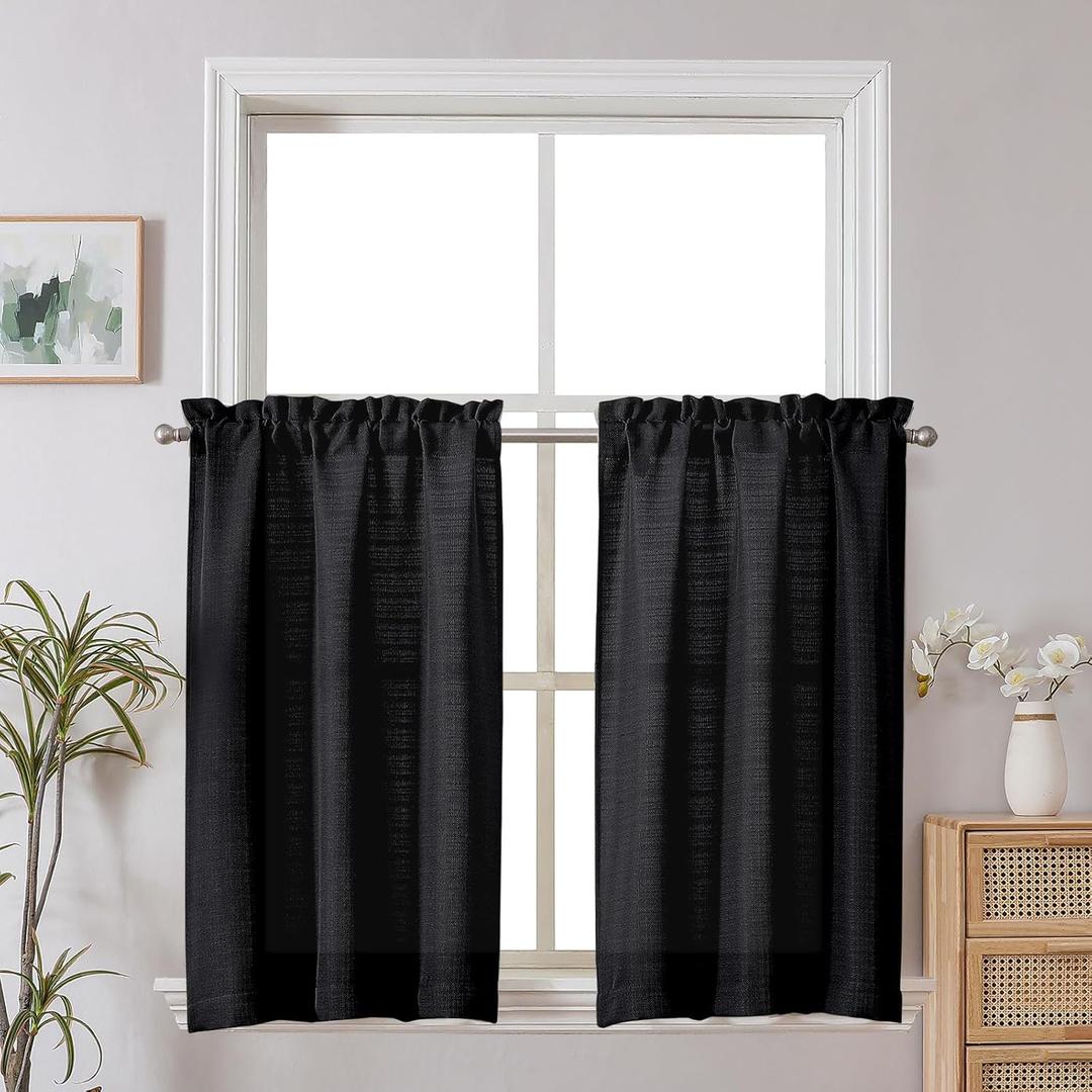 Chyhomenyc 2 Panels Small Cafe Curtains 24 Inch Length, Faux Linen Textured Half Window Curtains for Kitchen Bathroom Farmhouse Country, Light Filtering Black Short Curtains, Each 30x24 Inch