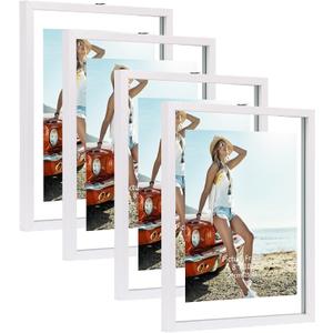 Trwcrt 4 Pack 8x10 Picture Frame, Double Glass Floating Picture Frames Display up to 10 x 12 Photos for Desktop or Wall Hanging, White