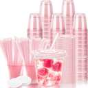 12oz Disposable Stemless Glasses with Flat Lids and Straws,PET Disposable Drinking Cups,Clear Plastic Wine Glasses for Parties Birthday,Wedding,Meeting,Christmas Party Supplies. (100, Pink)