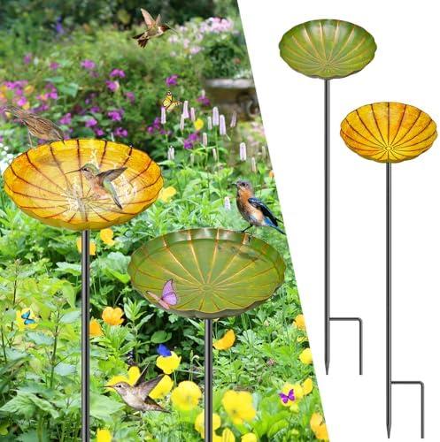MeyRolizn 2PCS Metal Flower Bird Bath for Outside, Small Hummingbird Bath Bowl Detachable Birdfeeder Bowl Garden Decor for Outdoor Yard Lawn (2PCS-Yellow-Green)