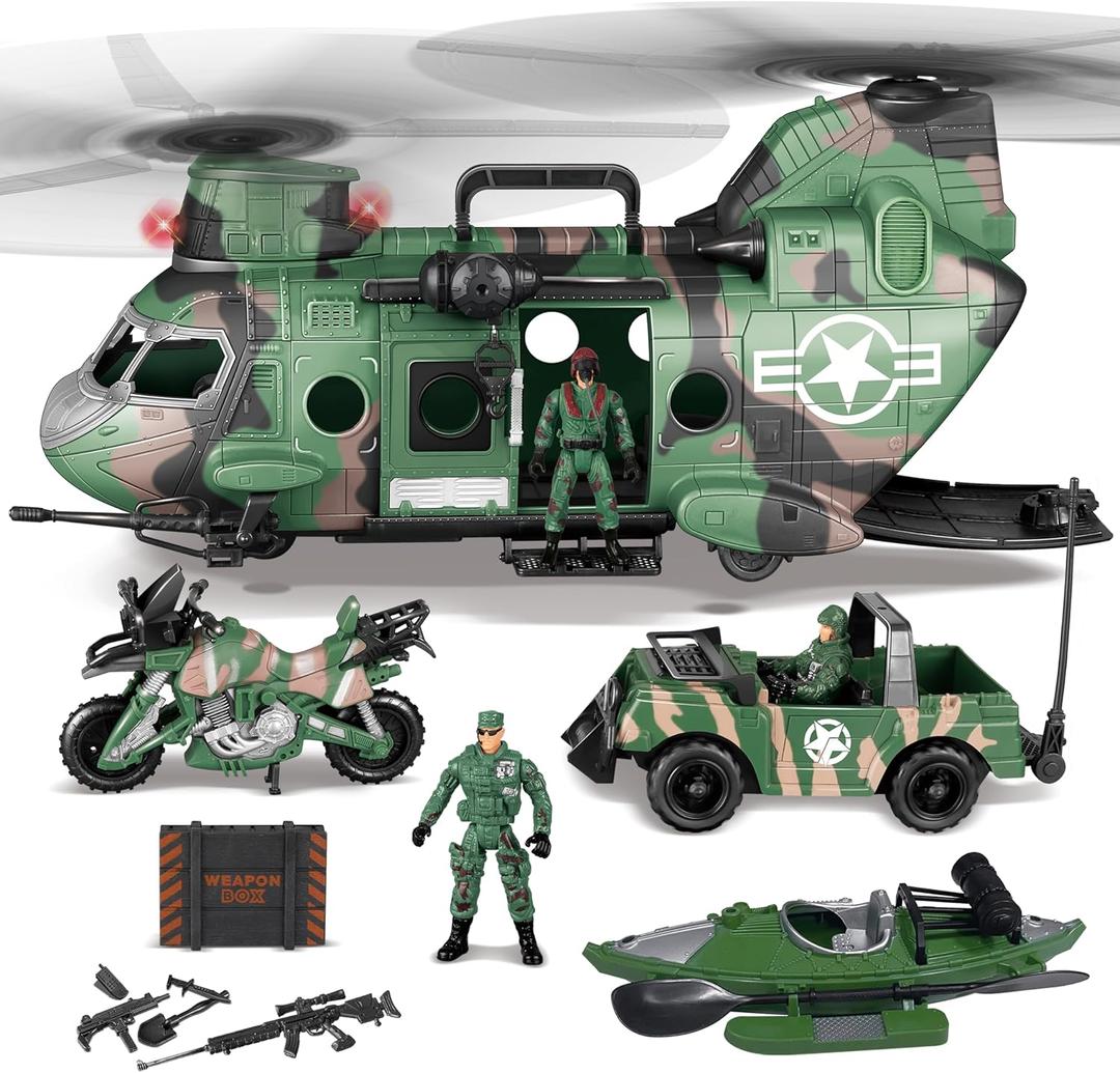 JOYIN 10-in-1 Military Helicopter Toys Set with Light, Sound, Trucks, Boat, Bike, Army Men, Weapons - Christmas Birthday Party Gifts for Kids