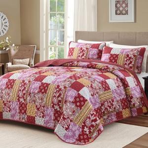 DJY Patchwork Quilt Set Queen Red Boho Bedsperad Classic Coverlet Set, 3 Pieces Bohemian Quilts Red Purple Bedding Set, Soft Microfiber Reversible Plaid Patchwork Bedspreads(96''x90'')