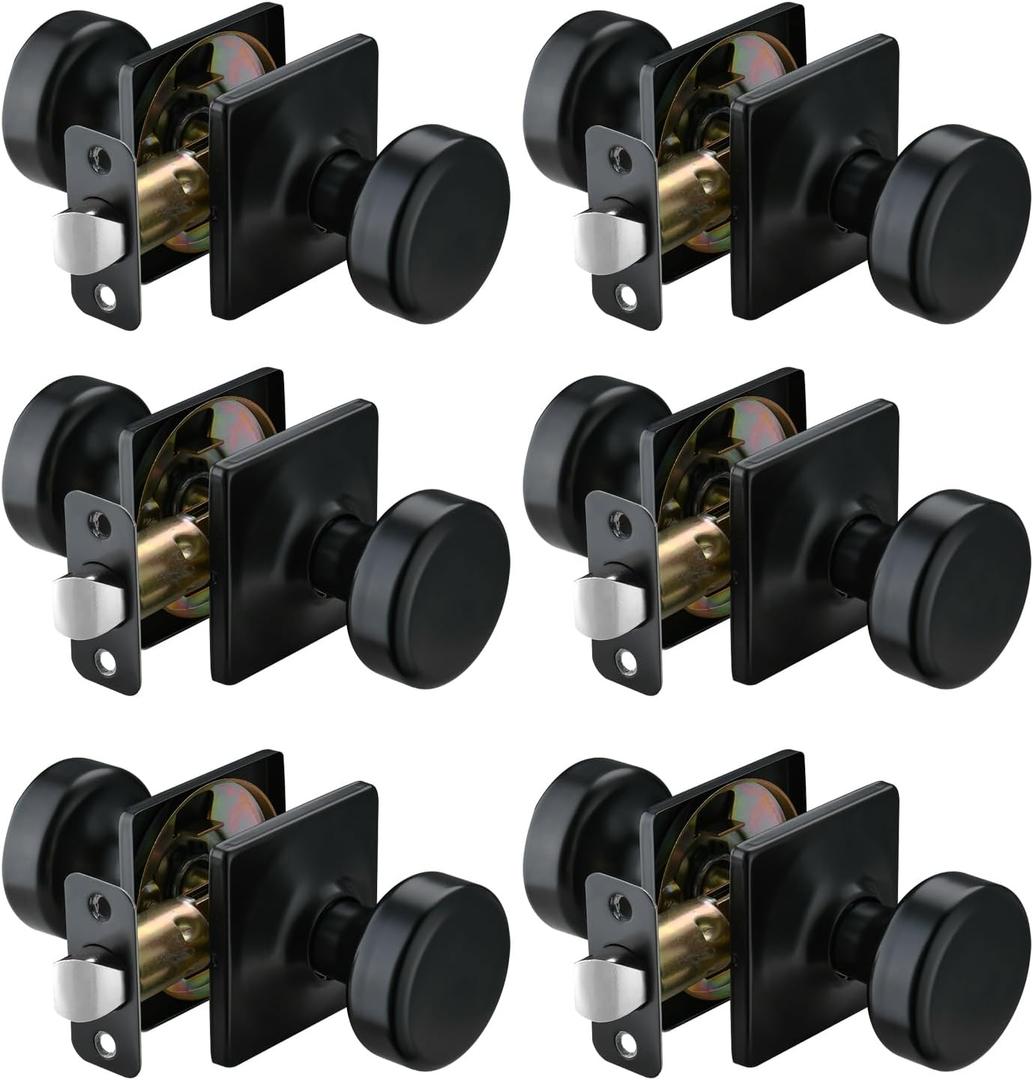 6 Pack Black Door Knobs with Square Rosette,Pismo Passage Door Knob for Hall & Closet,Non-Locking Interior Door Knobs