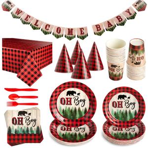 Sparkle and Bash Oh Boy Buffalo Plaid Plates & Napkins Set - 94 Piece, Red & Black Lumberjack Table Decorations - Little Lumberjack Baby Shower Theme Banner, Tablecloth, Cups & Cutlery for Boy Shower