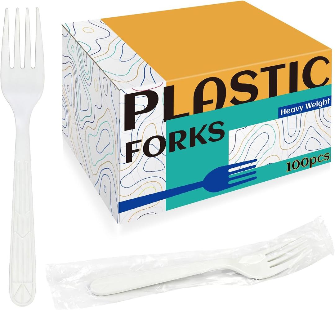 Disposable Plastic Forks White Individually Wrapped - [100 Count] Heavy Duty Bulk Plastic Silverware for Parties, Catering, Events and Daily Use (White Fork, 100pcs)