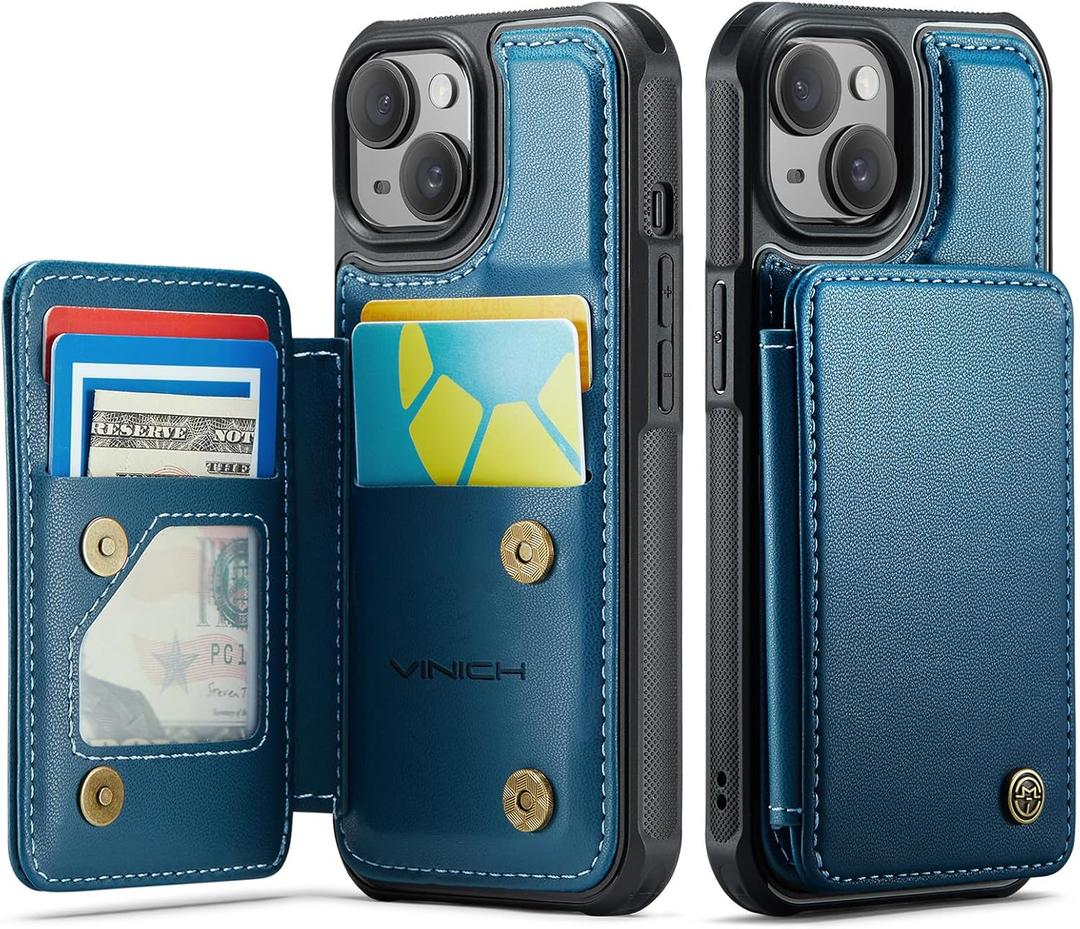 Vinich for iPhone 15 Wallet Case with Card Holder, RFID Blocking Credit Slots Kickstand Shockproof Phone Cover for Women Men, Blue Vinich for iPhone 15 Wallet Case with Card Holder, RFID Blocking Credit Slots Kickstand Shockproof Phone Cover for Women Men, Blue