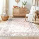 BESTSWEETIE 3x5 Area Rug Washable Rugs for Living Room, No Pile Boho Carpet for Entryway Bedroom Dinning Room, Vintage Carpet Print Distressed Non-Slip, 3 x 5 ft, Pink Beige Grey