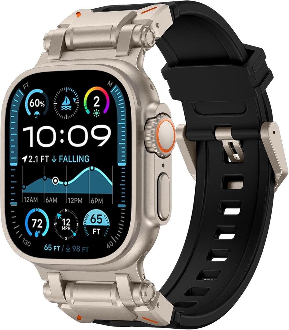 FULLIFE Designed for Apple Watch Band Apple Watch Ultra 3/2/1 49mm for Men, Silicone Rubber Bands with Metal Connector for Apple Watch Series 11/10 46mm, 9/8/7 45mm, SE2/SE 6/5/4 44mm, 3/2/1 42mm (Titanium Adapter-Black)