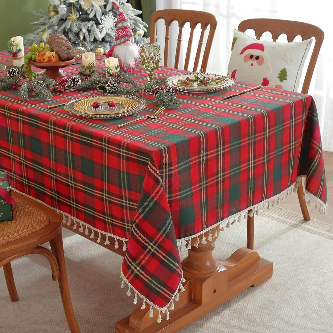 Laolitou Christams Gingham Tablecloth Rectangle Washable Buffalo Plaid Xmas Table Cloth with Tassel Cotton Linen Checkered Table Cover for Dining Room, Red, Rectangle, 55''x120'', 10-12 Seats