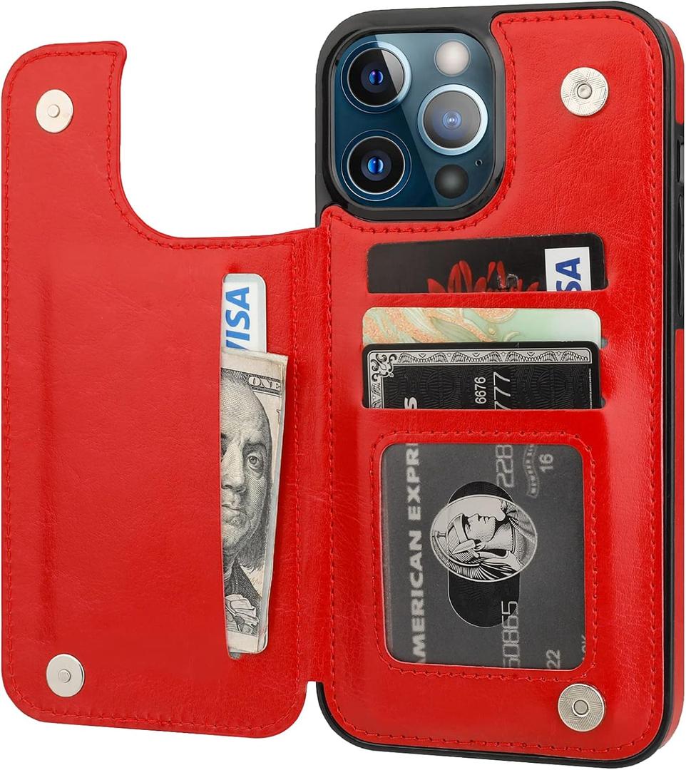 ONETOP Compatible with iPhone 13 Pro Max Wallet Case with Card Holder,PU Leather Kickstand Card Slots Case, Double Magnetic Clasp and Durable Shockproof Cover 6.7 Inch(Red)