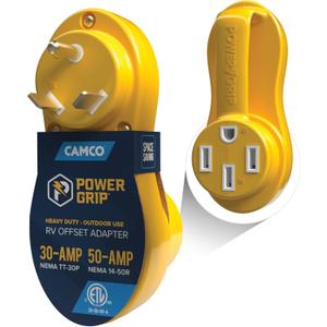 Camco Power Grip Electrical Offset Adapter - 30 amp to 50 amp RV Power Adapter - Offset Design to Relieve Cord Stress (55133)