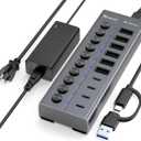 Powered USB Hub, 10-Port USB C Hub with 6 USB-A 3.2, 4 USB-C 3.2 Ports, Individual Switches and 12V/5A Power Adapter, Aluminum USB Extension for MacBook, Laptop/PC and More.