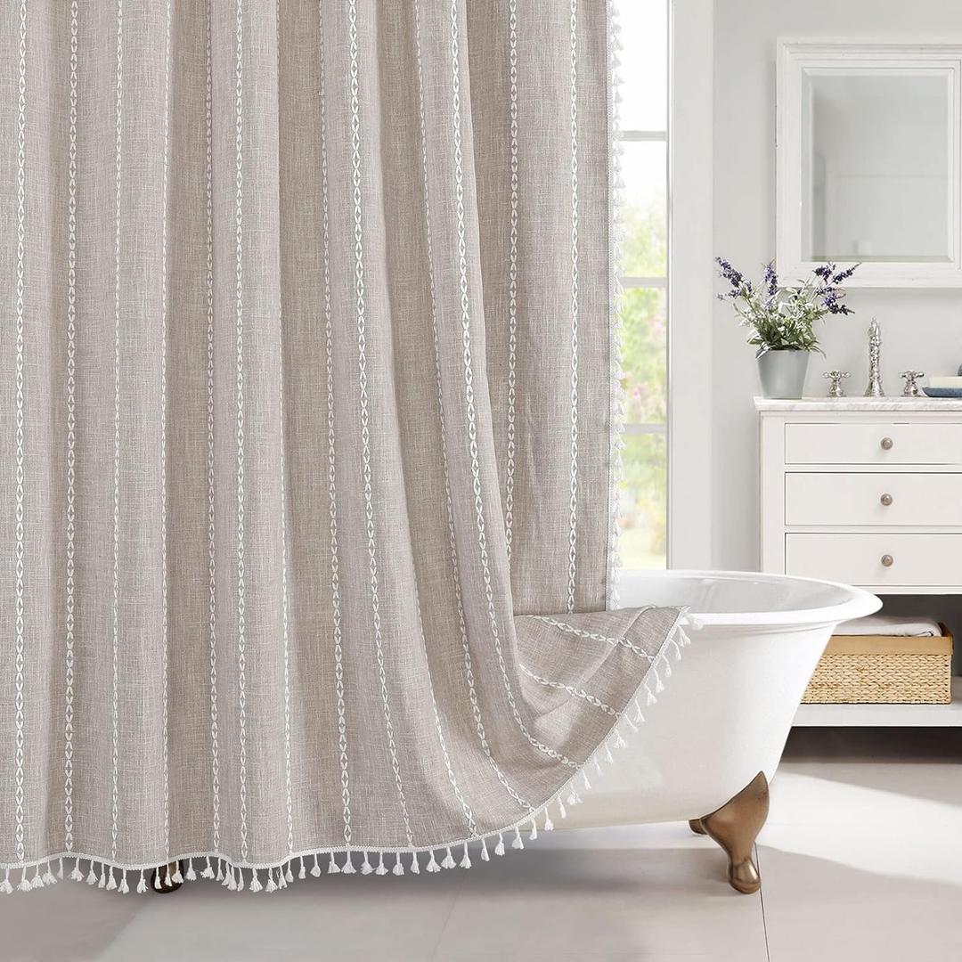 MitoVilla Boho Farmhouse Fabric Shower Curtain, Tan Brown Modern Cotton Linen Shower Curtains for Vintage Country Bathroom Decor, Tassel Weighted & Thick Waterproof Cloth, Taupe, 72 x 72 (72"W x 72"L (Pack of 1), Taupe)
