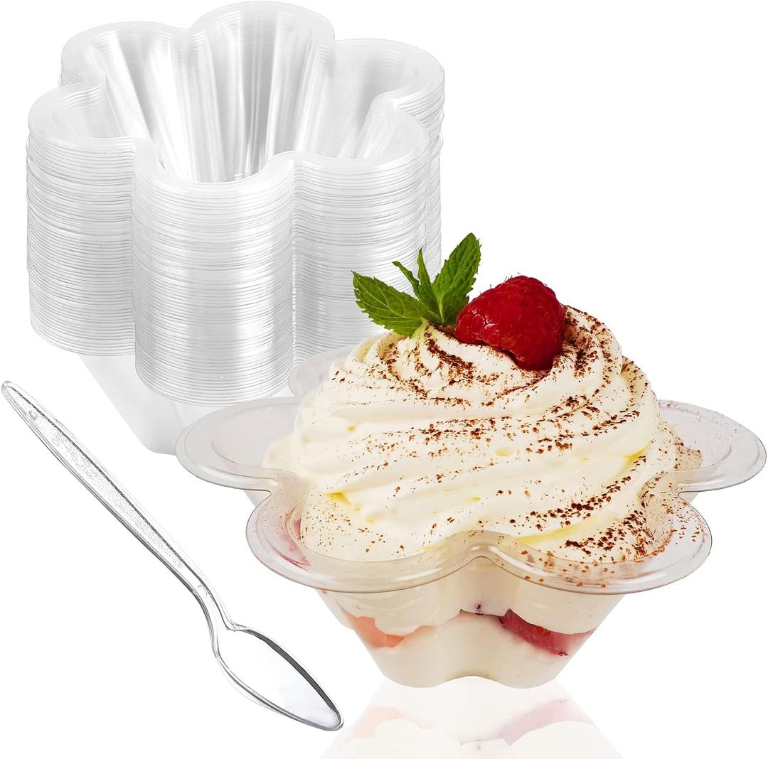 50 Ct 8 Oz Clear Plastic Dessert Cups with Spoons, Disposable Flower Shaped Ice Cream Bowls, Party Sundae Serving Bowls for Ice Cream, Nuts and Salad, Trifle Tasters Containers