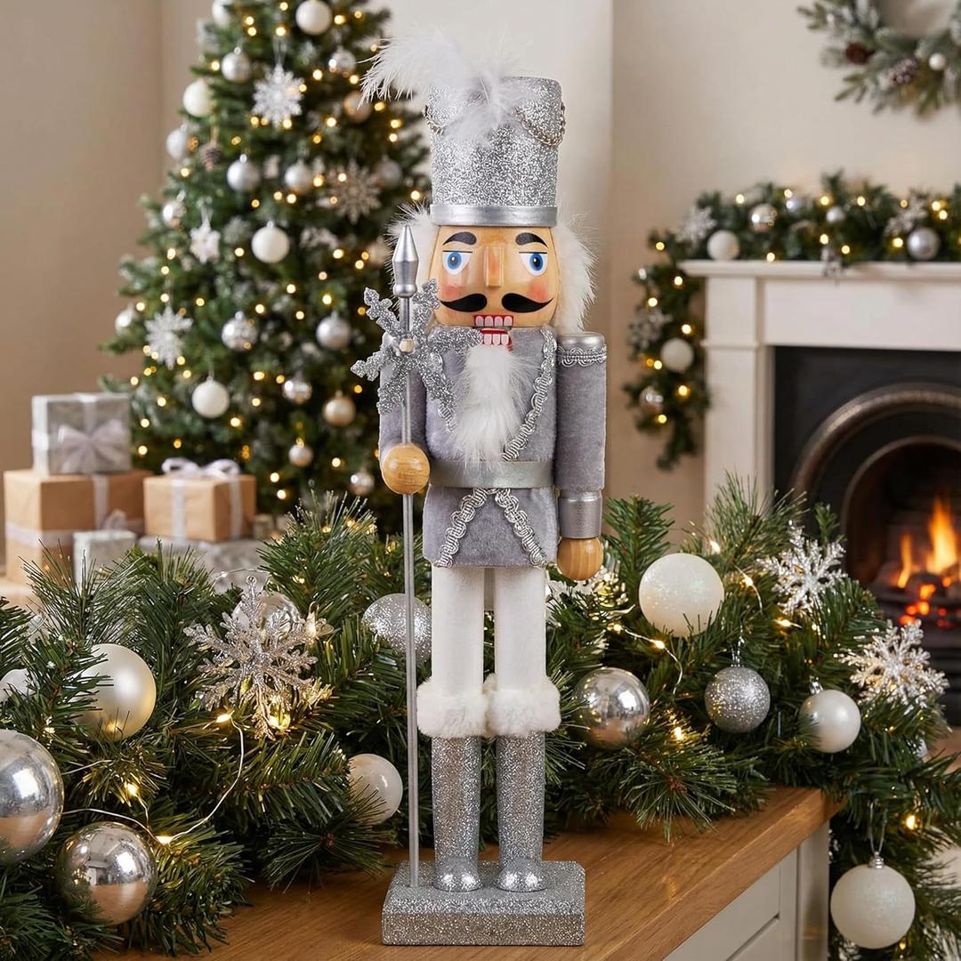 AMOR PRESENT 15in Christmas Nutcracker Soldier, Silver Glitter Large Wooden Nutcracker Soldier Ornament for Shelf or Table Decoration