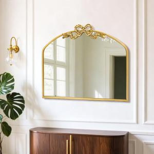 Vintage Arched Bow Gold Mirror: 28"x34" Large Antique Wall Mirrors with Metal Frame for Bathroom Vanity - Baroque Ornate Art Decor for Living Room/Fireplace/Entryway/Hallway