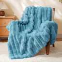 BEDELITE Faux Rabbit Fur Blanket, Luxurious 3D Striped Winter Blanket for Decor & Gift, Soft and Warm Plush Blue Fluffy Faux Fur Throw Blanket All Seasons Suitable, (Light Blue, 50"x 60")
