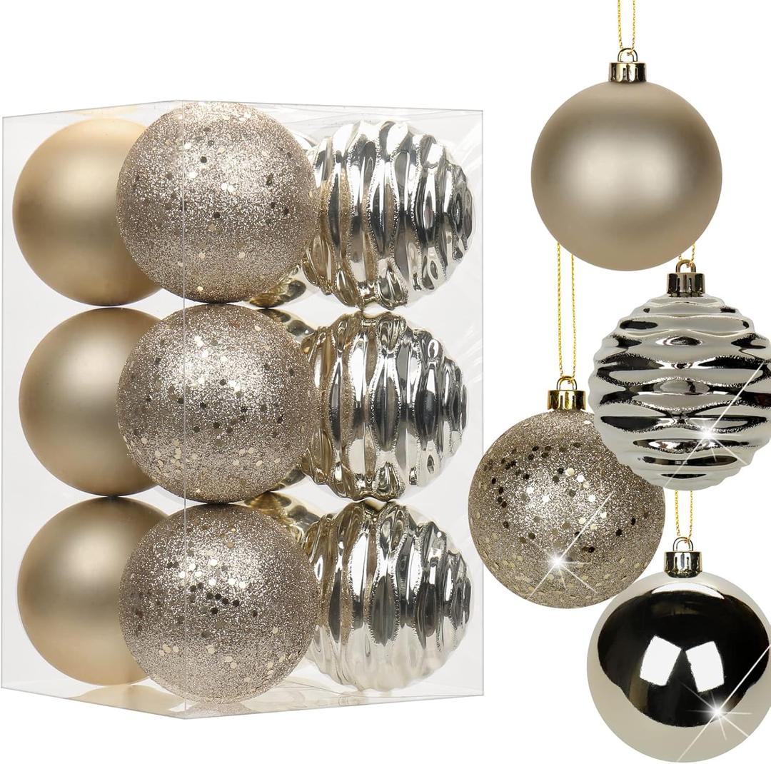 3.15" Champagne Christmas Ball Ornaments 12Pcs for Xmas Tree Shatterproof Christmas Tree Decorations Plastic Hanging Balls Set Wedding House Holiday Party Festival Home Decor