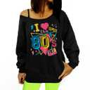 MNLYBABY 80s Outfit Women 80s 90s Theme Party Disco Shirt Off The Shoulder Sweatshirt Vintage 80s Neon I Love The 80's Top S
