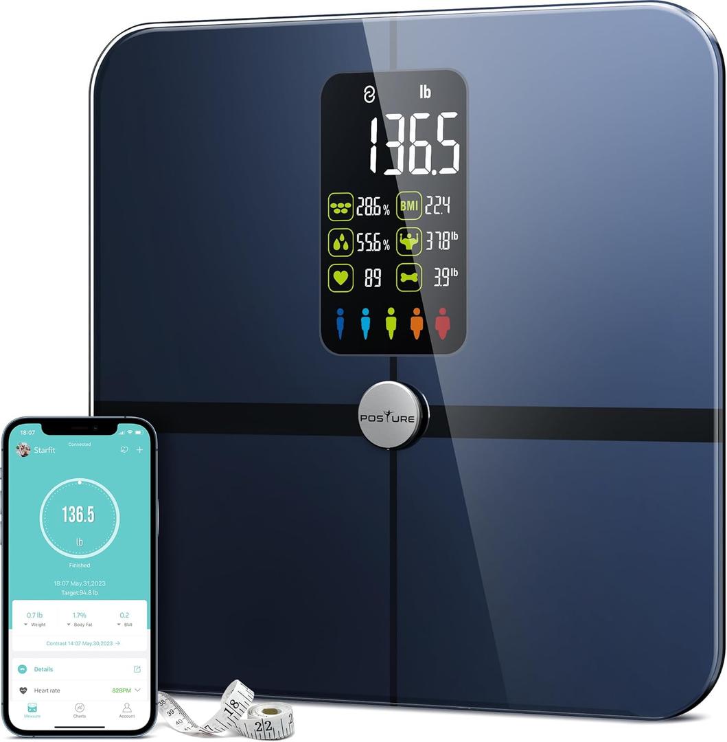 Posture Body Fat Scale, Extra Large Display Digital Bathroom Wireless Weight Scale Composition Analyzer with Heart Rate Heart Index & Body Shape Index with Free APP 400Lb Black (11x11)