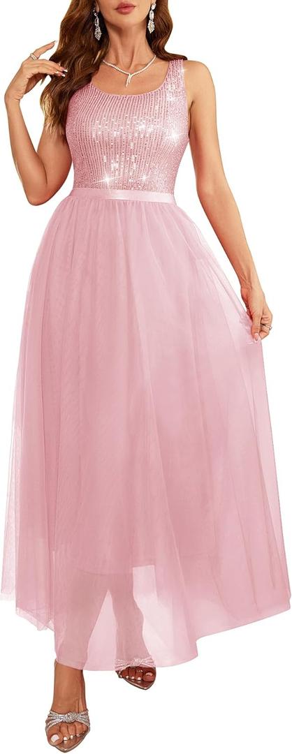 BeryLove Prom Dress for Women Sequin Dress Sleeveless Bridesmaid Dresses Mesh Dress Maxi Cocktail Party Formal Dress Pink L