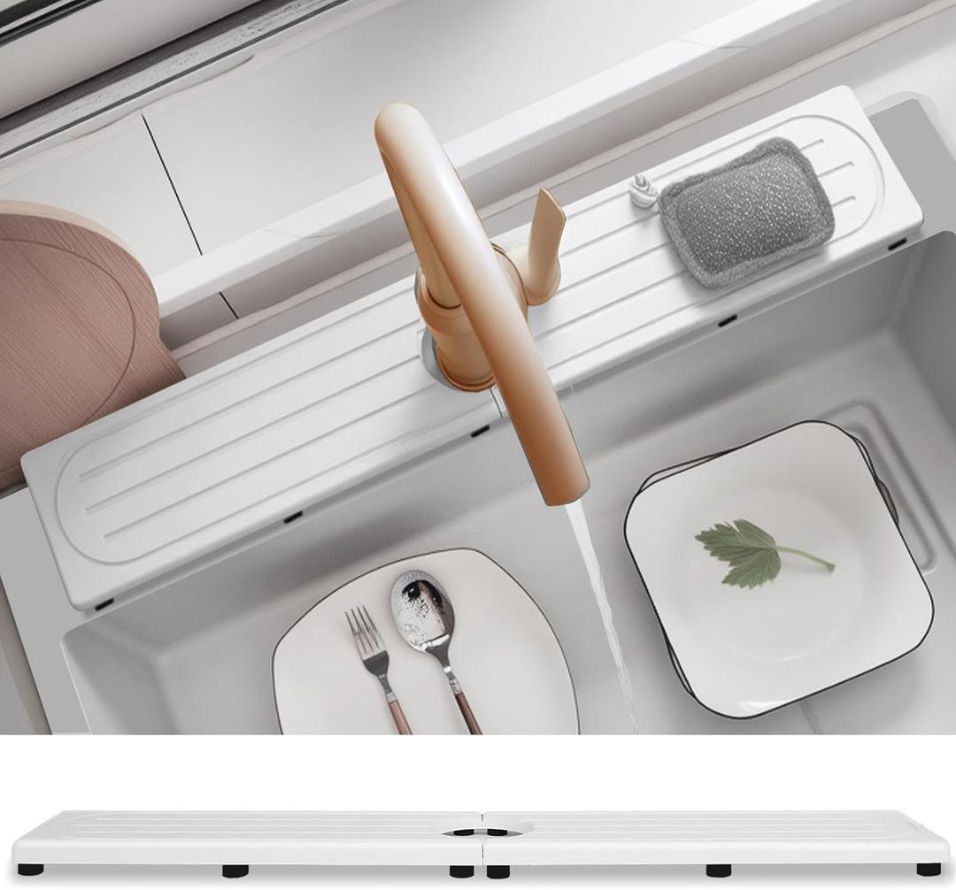 Fast Drying Stone Faucet Mat for Kitchen Sink with Raised Feet, Water Absorbent Diatomite Stone Sink Tray, Faucet Sink Splash Guard, Prevents Moisture Buildup, Durable Protector for Bathroom Counter (20" x 4", White Gray)