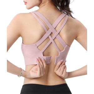 Sports Bras for Women, Criss-Cross Back, Adjustable Wire-Free Medium Support Workout Bra with Removable Cups (Large, Pink - 3 Adjustable Hook)