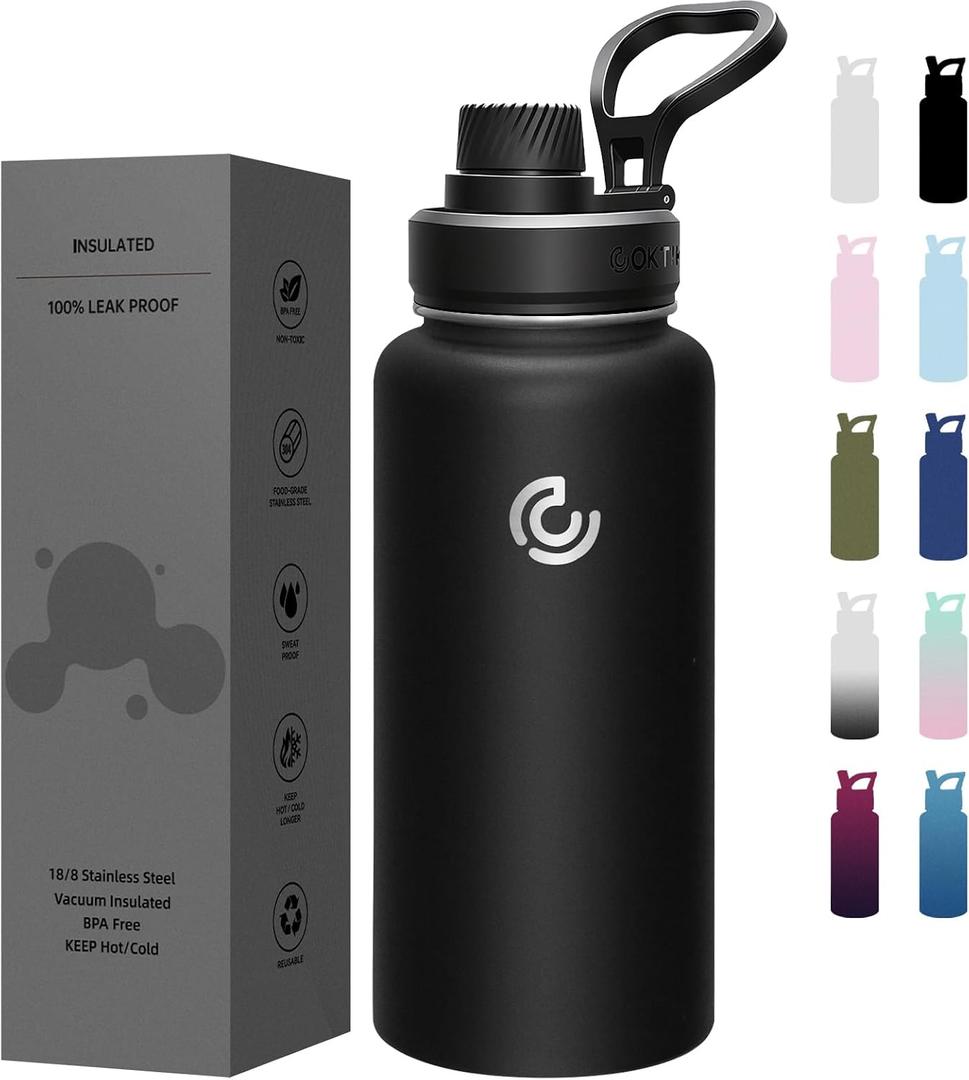 Sports Water Bottle 32oz, Insulated Water Bottle with Handle,Stainless Steel,Simple Modern,Suitable for Travel, School, Boy, Girl(Black)