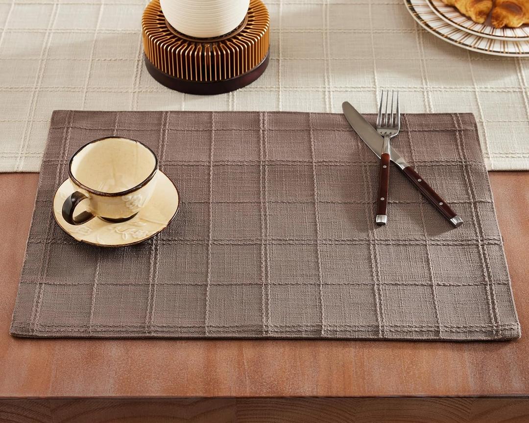 ZeeMart Linen Checked Placemats Set of 6, Plaid Embroidery Textured Table Mats, Double Layer Thick Farmhouse Rustic Place Mats for Kitchen Dining Table Home Decor, Cocoa Brown 13x19 Inch