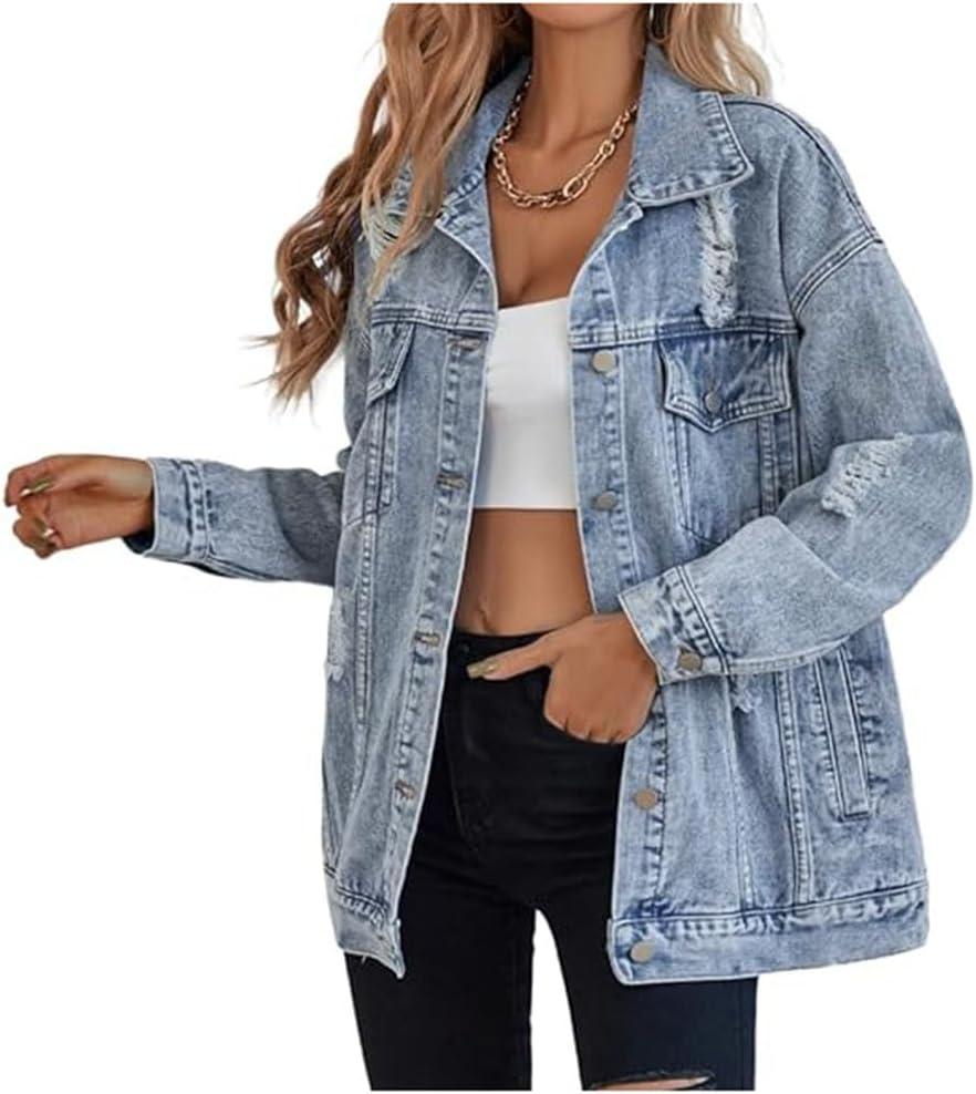 LifeShe Women's long oversized denim jacket boyfriend ripped distressed jean jackets coat (Large, Light Blue)