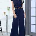 Gardenwed Women's Two Piece Outfit Set, Short Sleeve V Neck Crop Top with Tie Front and Wide Leg Pants (Blue, L)