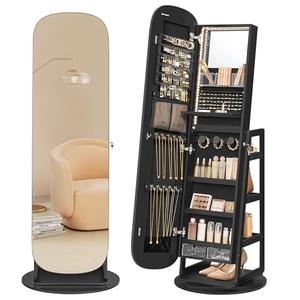 SONGMICS LED Jewelry Cabinet, 360° Swivel Jewelry Organizer, Lockable Mirror Jewelry Cabinet Standing, Rounded Wide Full-Length Mirror with Storage Shelves, Interior Mirror, Ebony Black UJJC036B01