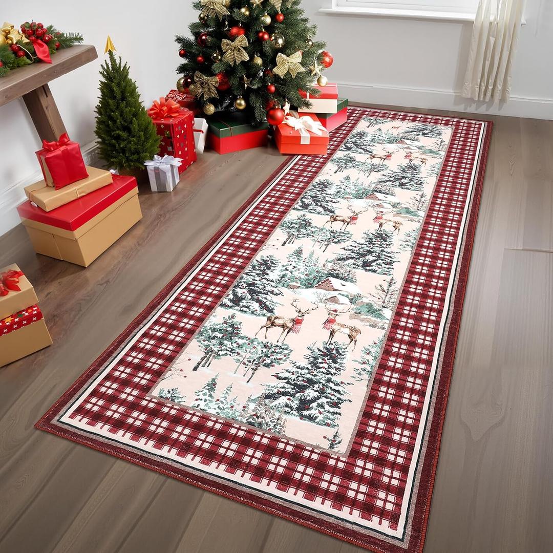 GarveeHome Christmas Washable Runner Rug 2x6, Holiday Decor Runners for Kitchen Soft Low Pile Christmas Tree and Deer Rug Non Slip Long Carpet for Living Room Laundry Hallway, Red