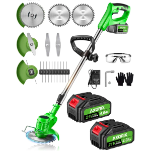 Electric Weed Wacker Cordless, 21V Weed Cordless Eater Battery Powered, with 2Pcs 4.0Ah Batteries, Stringless Brush Cutter, Lightweight Foldable Grass Trimmer, 3 Types Blades, Green